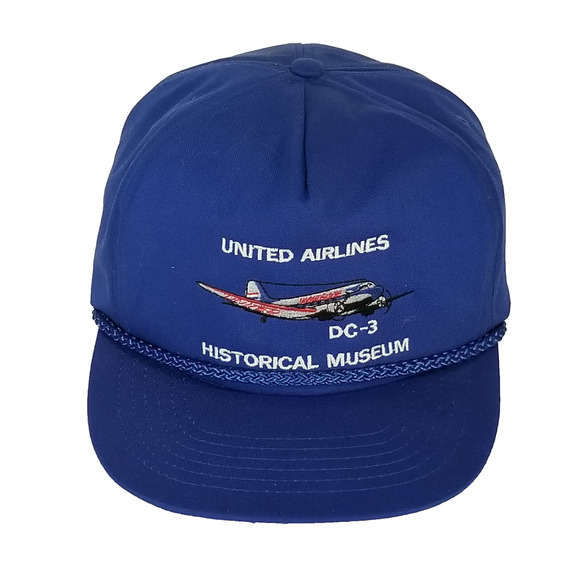 Vintage San Sun United Airlines DC-3 Trucker Cap Hat Blue YKK Slider Strap